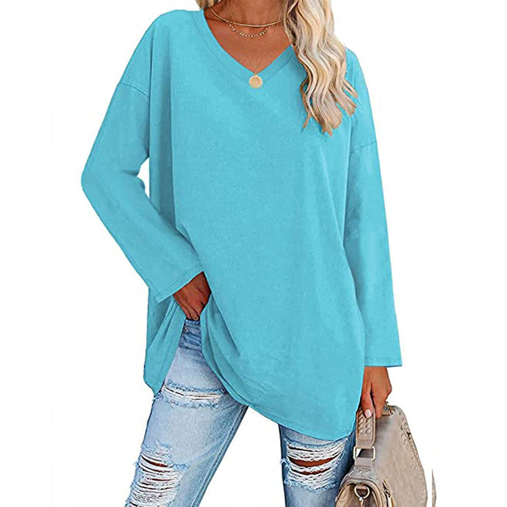 Casual V-hals Effen kleur Oversized Lange Mouw Shirt voor Dames & Plus-size