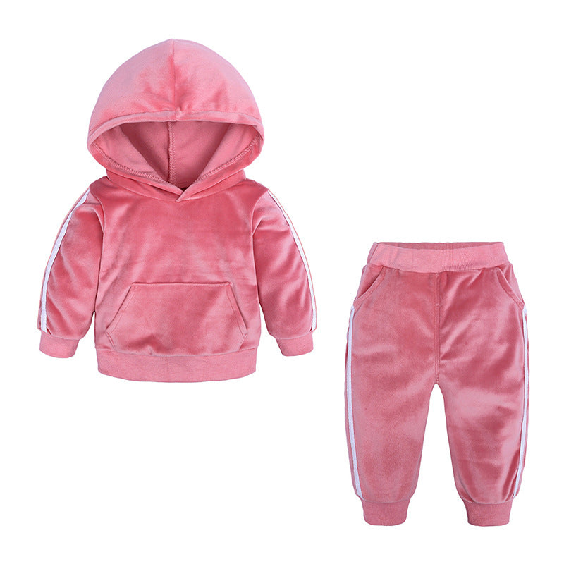 Sportieve Kinderset Casual Effen Kleur Hoodie en Bijpassende Joggingbroek van Fluweel met Gestreepte Patroon en Buidelzak voor Kinderen