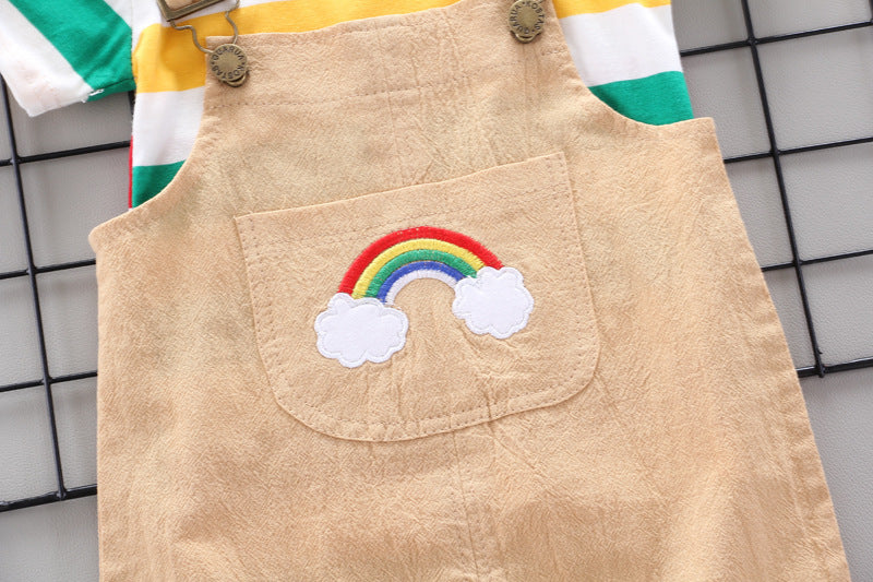 Trendy 2-delige Set Regenboog T-shirt met Korte Mouwen & Bibbroek voor Baby's/ Peuters
