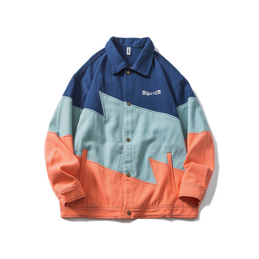 Amerikaanse Designer Ontwerp Fashion Brand Color-blocking Lapel Tooling Spijkerjacket voor Dames /Plus-size & Heren