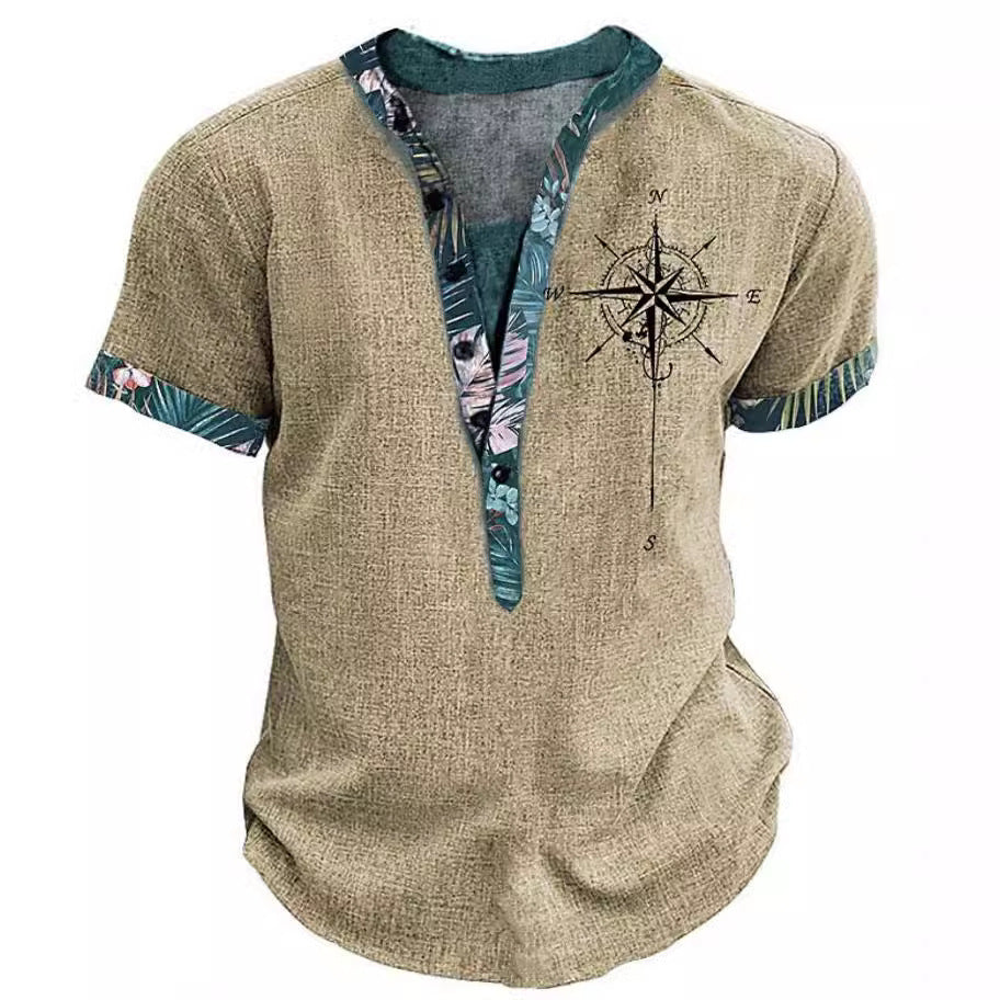 Amerikaanse Casual Effen Kleur 3D-bedrukte Vintage-print V-hals T-shirt met Korte Mouwen en Knoopsluiting voor Heren