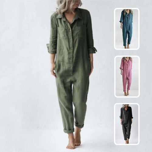 Modieuze Casual Effen Kleur Oversized Lange Mouw Revers jumpsuit met Zakken en Knoopsluiting voor Dames & Plus-size