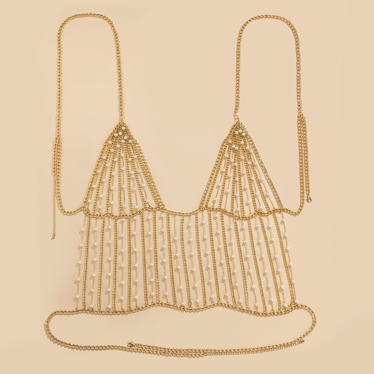 Modieuze Eenvoudige Gegalvaniseerde Metalen Aluminium Geometrische Bodychain met Kwastjes en Imitatie Parels voor Dames