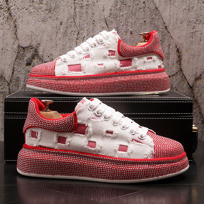 Europese Modieuze Casual Effen Kleur Accenten Canvas Sneakers met Strass-steentjes en Dikke Platformzool voor Heren