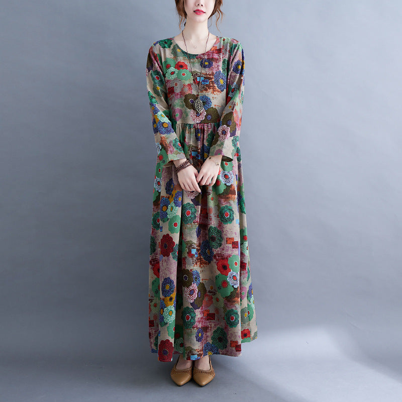 Literaire Stijl Oversized Bloemenprint Katoenen Maxi-jurk met Lange Mouwen en Ronde Hals voor Dames & Plus-size