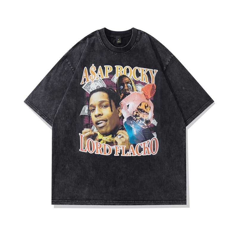 Modieuze Klassieke Effen Kleur Oversized Casual Vintage Washed Cartoonprint T-shirt met Ronde Hals en Korte Mouwen voor Heren & Jongens