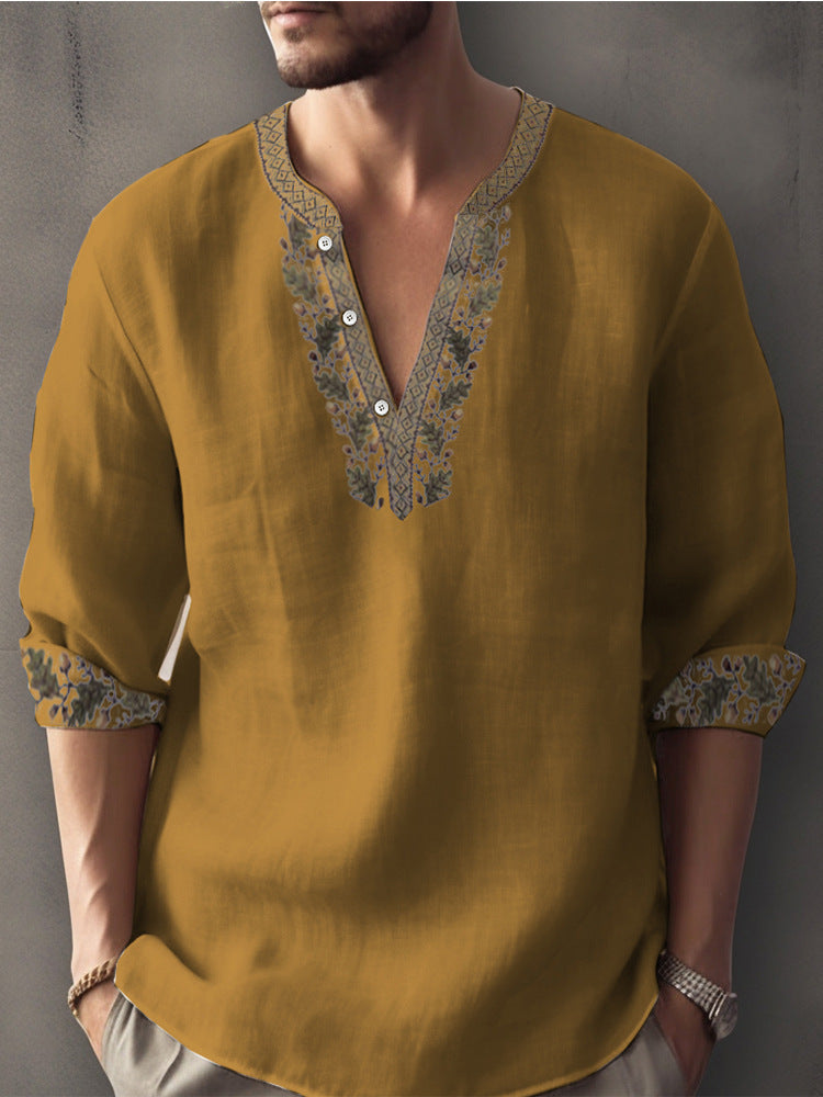 Europese Casual Oversized Kleurmatching Bamboe Linnen T-shirt met 3D Bedrukte Henleykraag en Lange Mouwen voor Heren