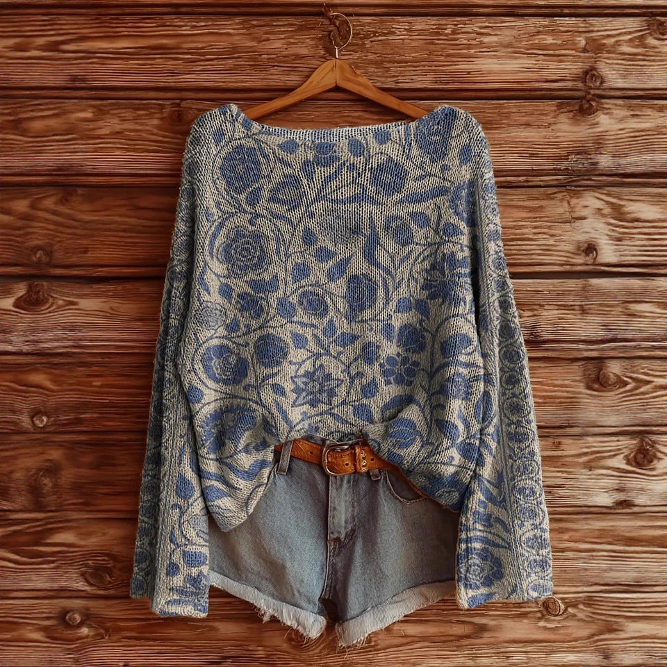 Dames geborstelde top met lange mouwen en losse print in retrostijl