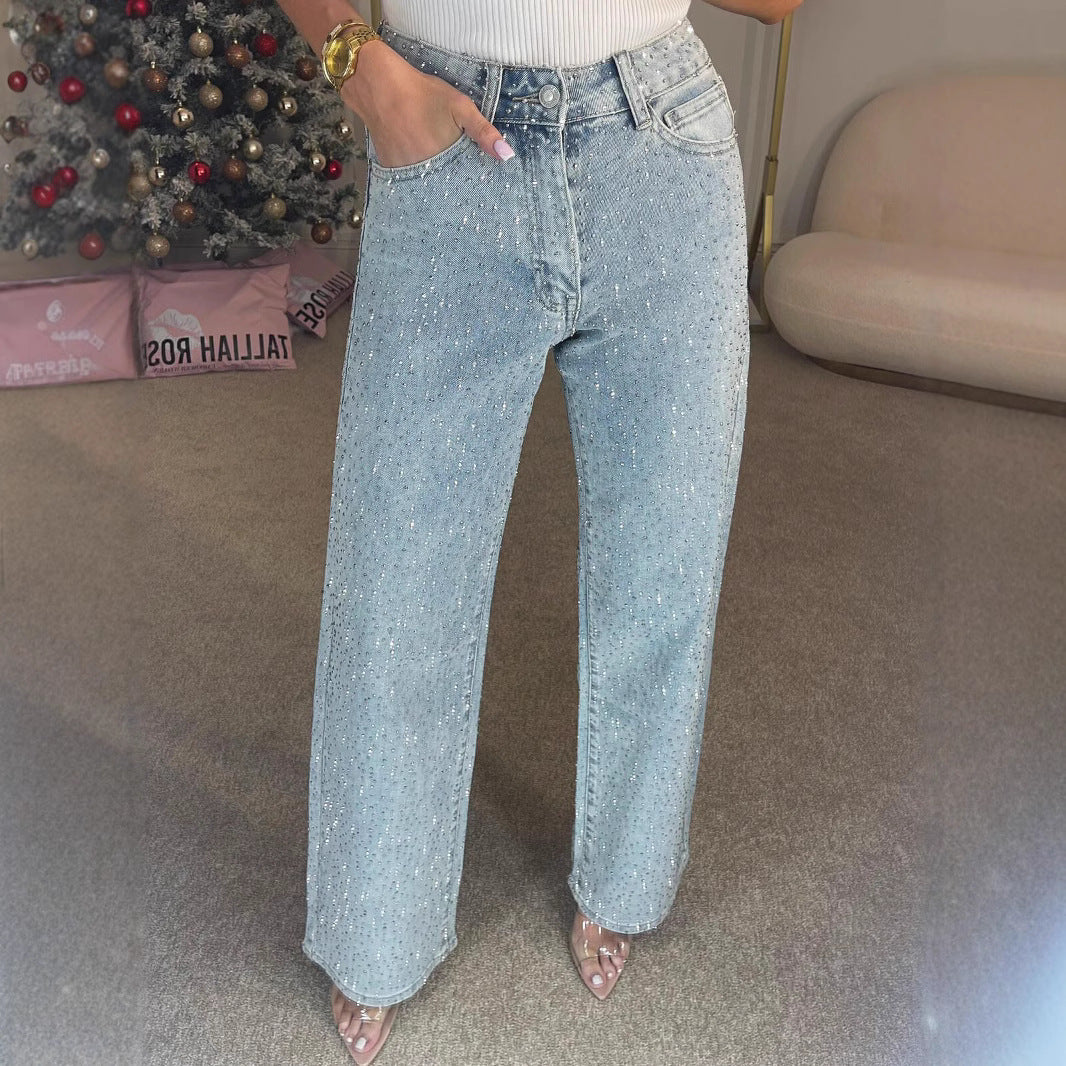 Trendy High-End Streetwear High Waist Jeans met Rechte Pijpen en Strass-steentjes voor Dames & Plus-size