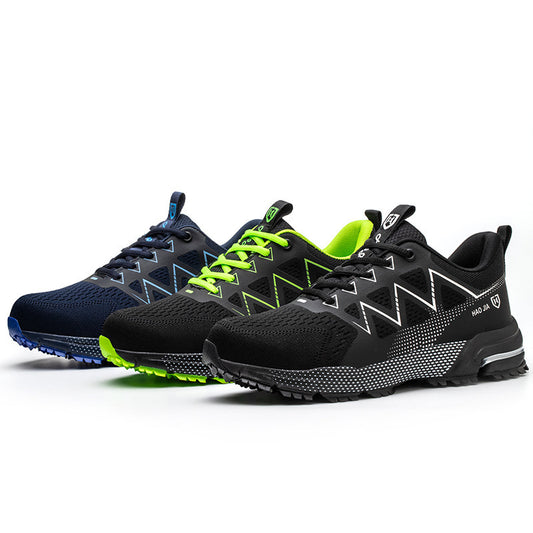 Europese Mannelijke Code Flying Geweven Stalen Neus Veiligheidsschoenen met Aanvalsschi voor Herenld en Anti-steek