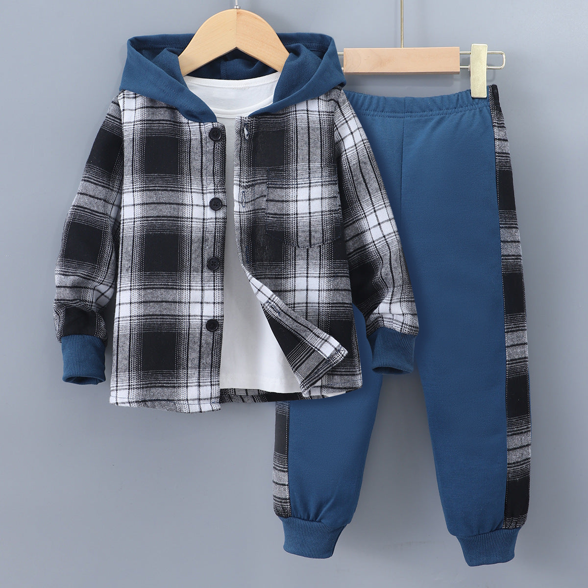 Tweedelig Set Geruite Contrastkleur Sweatvest met Capuchon & Joggingbroek voor Peuters/ Kinderen