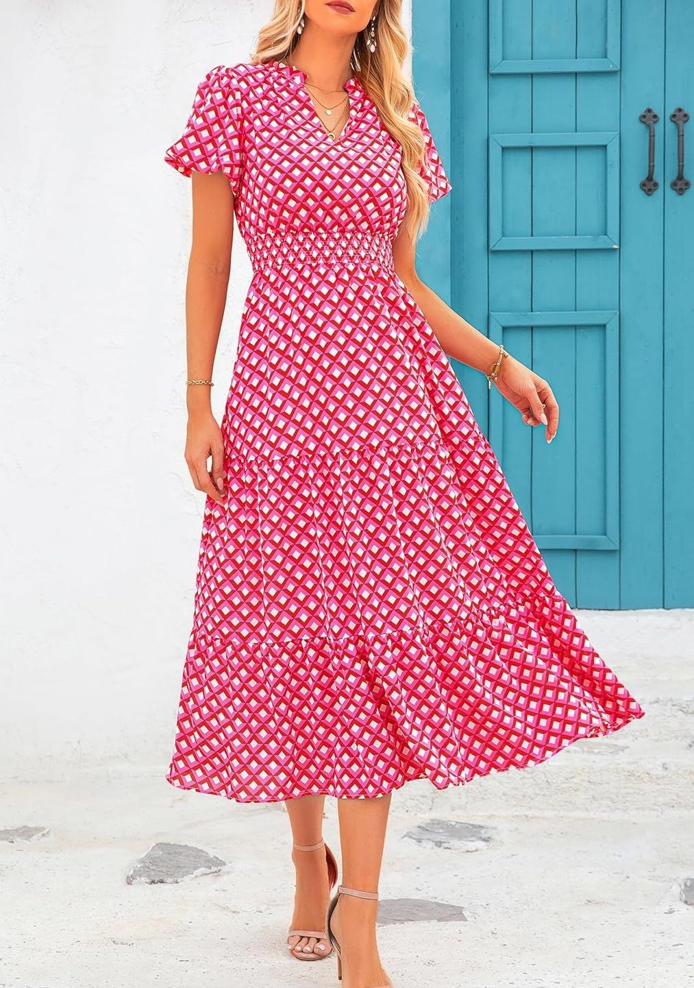 Casual V-hals All-overprint Maxi-jurk met Korte Mouwen voor Dames & Plus-size