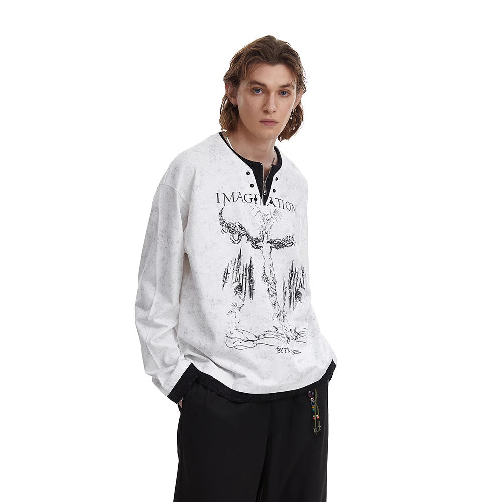 Amerikaanse Retro Punk Bedrukte Long Sleeve Tweedelig T-shirt met Parelknoopsluiting en V-hals voor Unisex