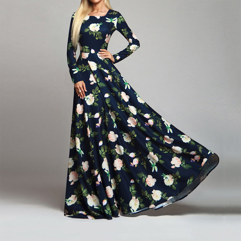 Vintage Afslankende Avondjurk met Bloemenprint en Lange Mouwen voor Dames & Plus-size