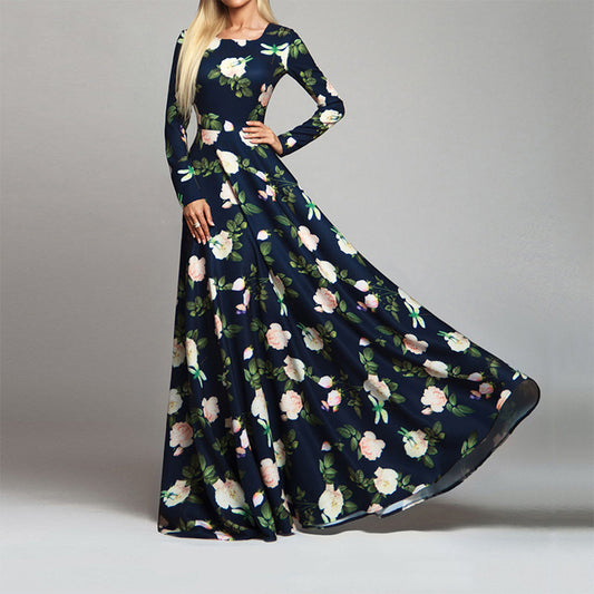 Vintage Afslankende Avondjurk met Bloemenprint en Lange Mouwen voor Dames & Plus-size