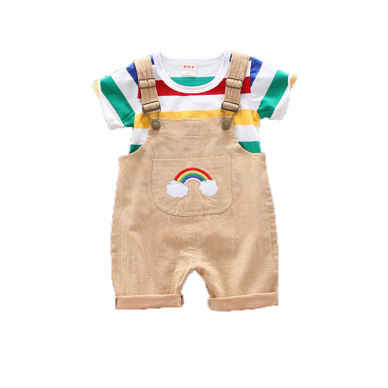 Trendy 2-delige Set Regenboog T-shirt met Korte Mouwen & Bibbroek voor Baby's/ Peuters