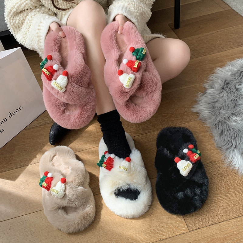Kerstmis Winterse Warme Katoenen Teenbedekkende Kerstpantoffels van Pluche met Gebreide Kerstmutsjes voor Binnen in Huis voor Dames & Meiden