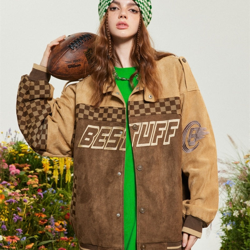 Amerikaanse Retro  Motorjacket met Schaakbordruit Patroon en Patchwork voor Dames & Plus-size