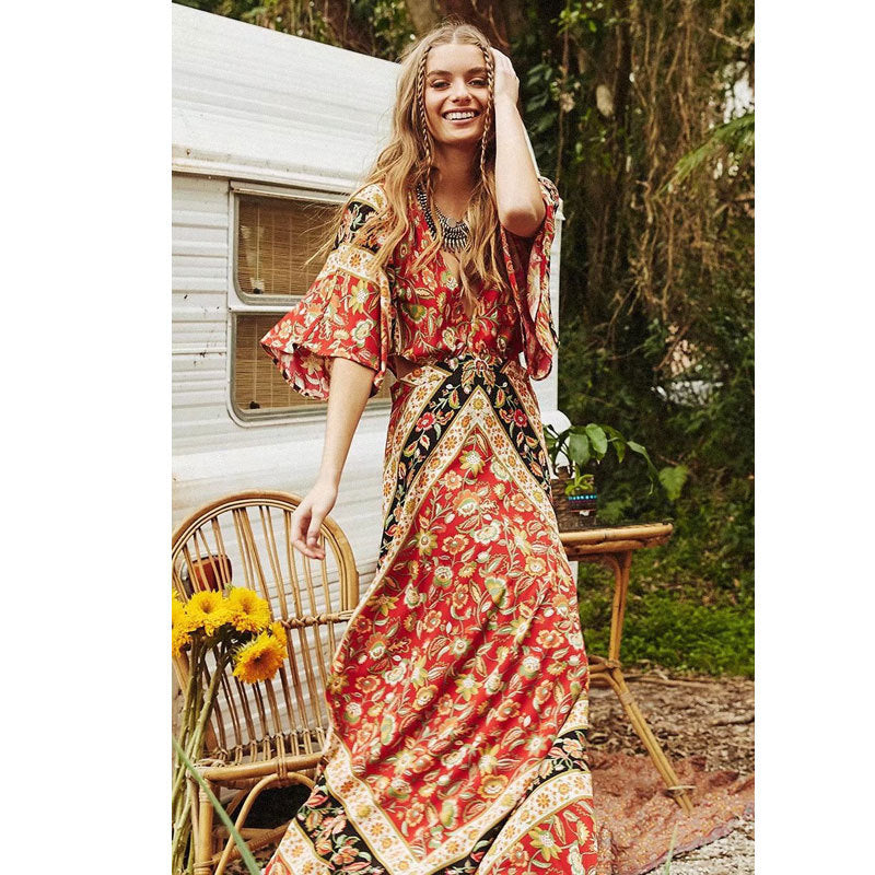 Uniek Ontwerp Casual Rode Vintage Bloemenprint Maxi Jurk met Open Rug en Lange Mouwen voor Dames