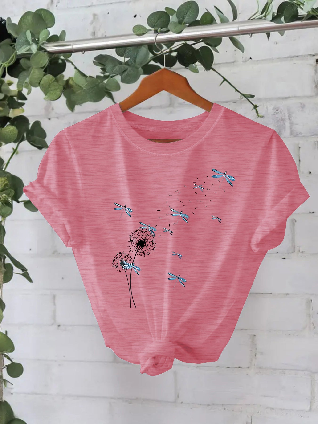 Stijlvolle Basic Streetwear Effen Kleur Casual Ronde Hals T-shirt met Paardenbloemmotief en Korte Mouwen voor Dames & Plus-Size
