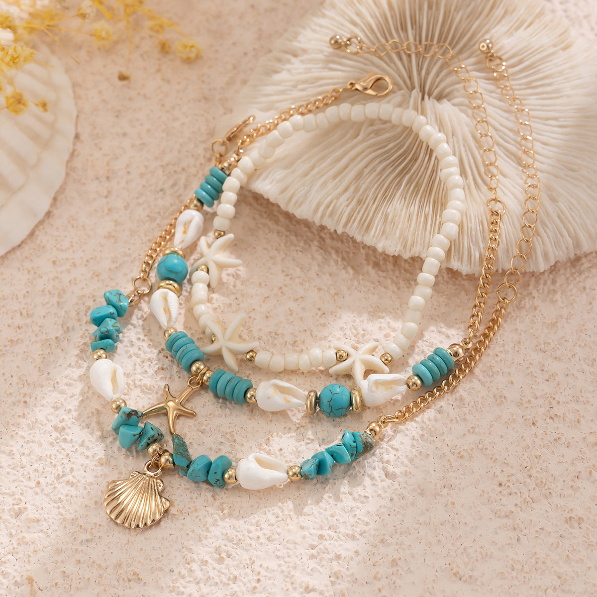Eenvoudige Strandstijl Elegante Meerlaagse Turquoise Enkelbanden Set met Zeestervormige Rijstkralen voor Dames