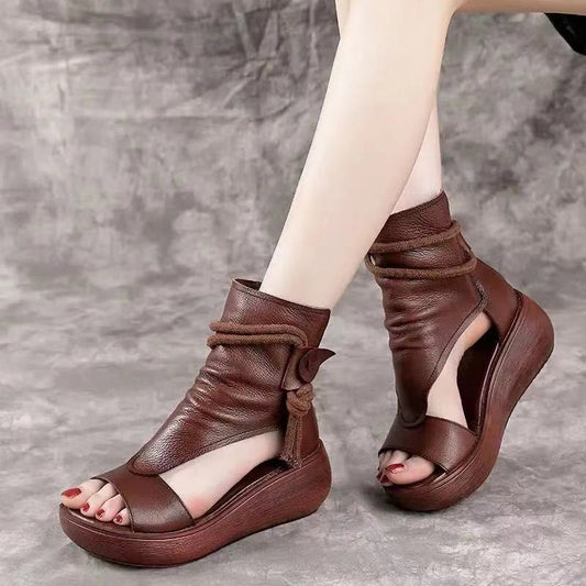 Klassieke Romeinse Stijl Comfortabele Effen Kleur Casual Vintage Uitgesneden Wedges Sandalen van PU-Leer met Middelhoge Hakken en Vetersluiting rond de Enkel voor Dames & Meiden