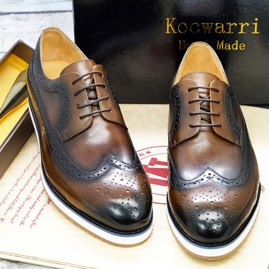 Europese en Amerikaanse Casual Business Handgemaakte Platte Wingtip Brogue Oxfort Schoenen van Echt Leer met Vetersluiting voor Heren