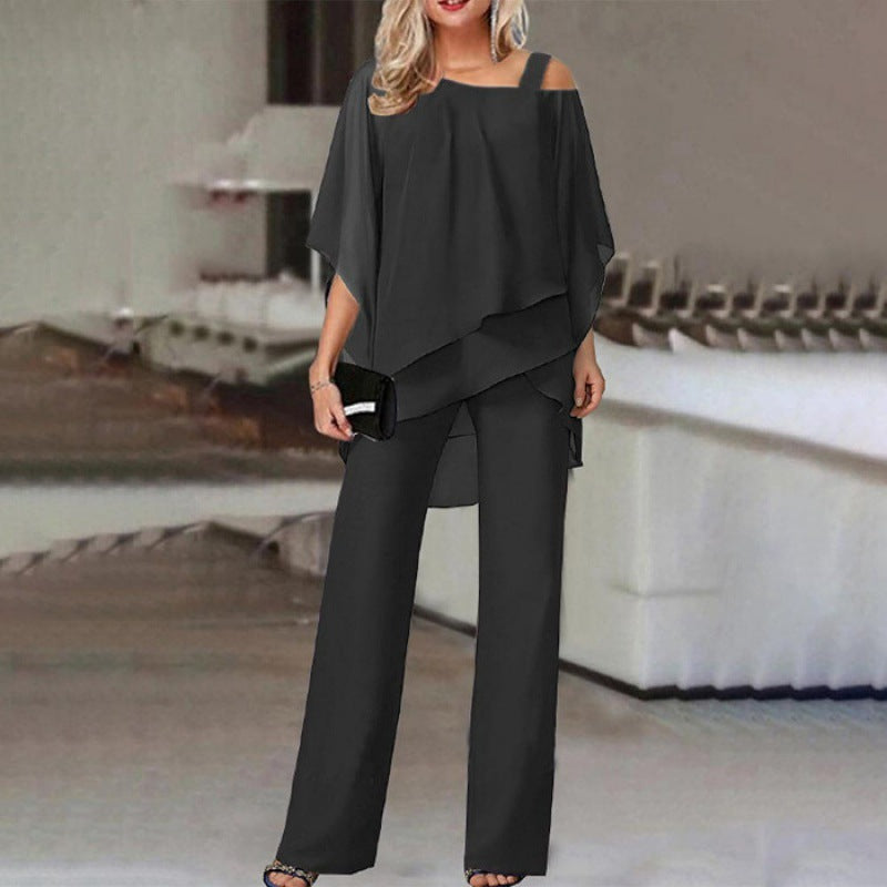 Elegante Stijlvolle Effen Kleur 2-delige Outfit * Oversized Off-Shoulder Top met Vleermuismouwen & Rechte Wijde Pijpen Broek voor Dames/Plus-size & Meiden