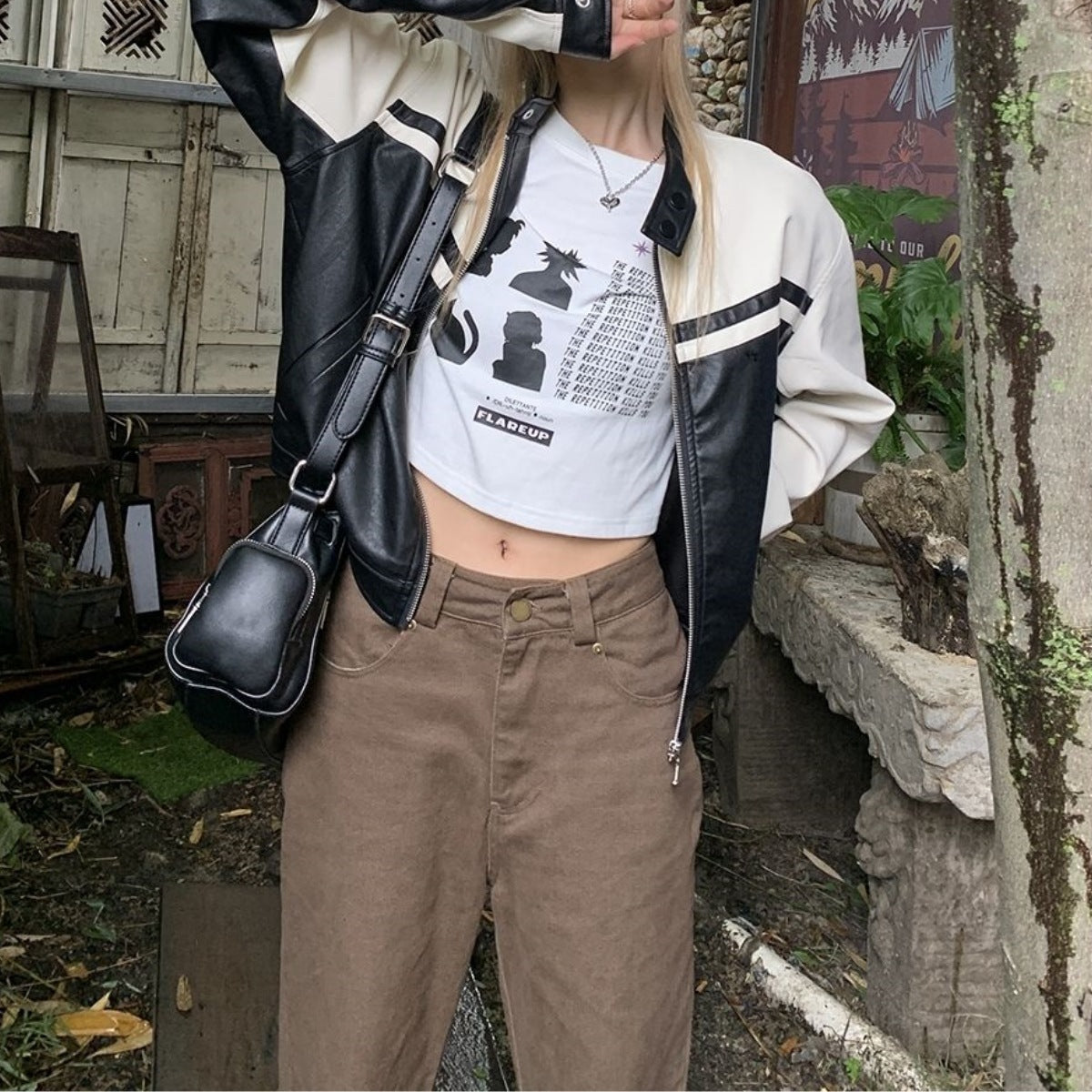 Populaire Locomotive Amerikaanse Retro Contrasterende Kleur Jacket van PU-Leer voor Dames