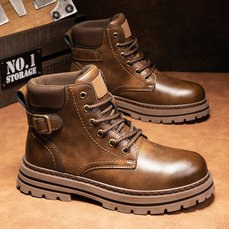 Retro Casual Business Effen Kleur Hoge Workboots van Echt Leer met Ronde Neus en Vetersluiting voor Heren