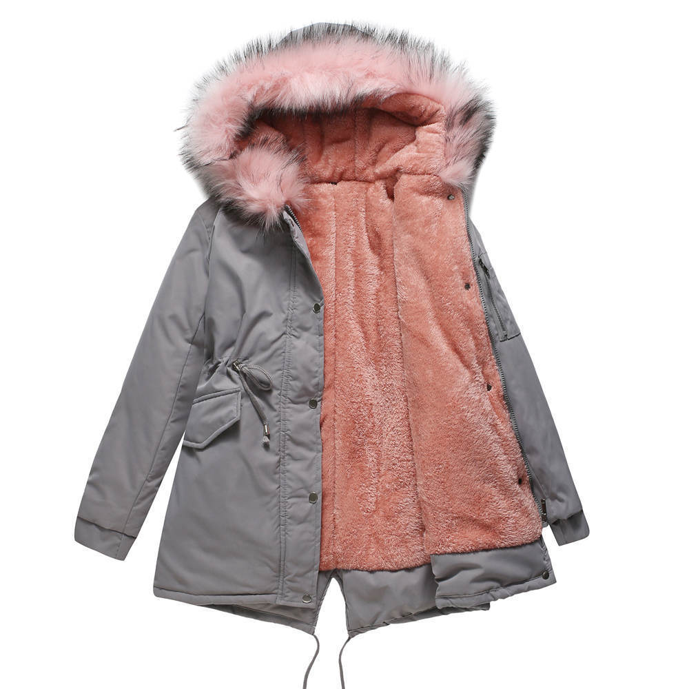 Casual Parka Katoenen Gewatteerde Middellange Winterjas met Bontkraag Capuchon en Ritssluiting voor Dames & Plus-size