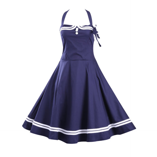 Hepburn Style Retro Matrozen Halterjurk met Gestreepte Patroon voor Dames & Plus-size