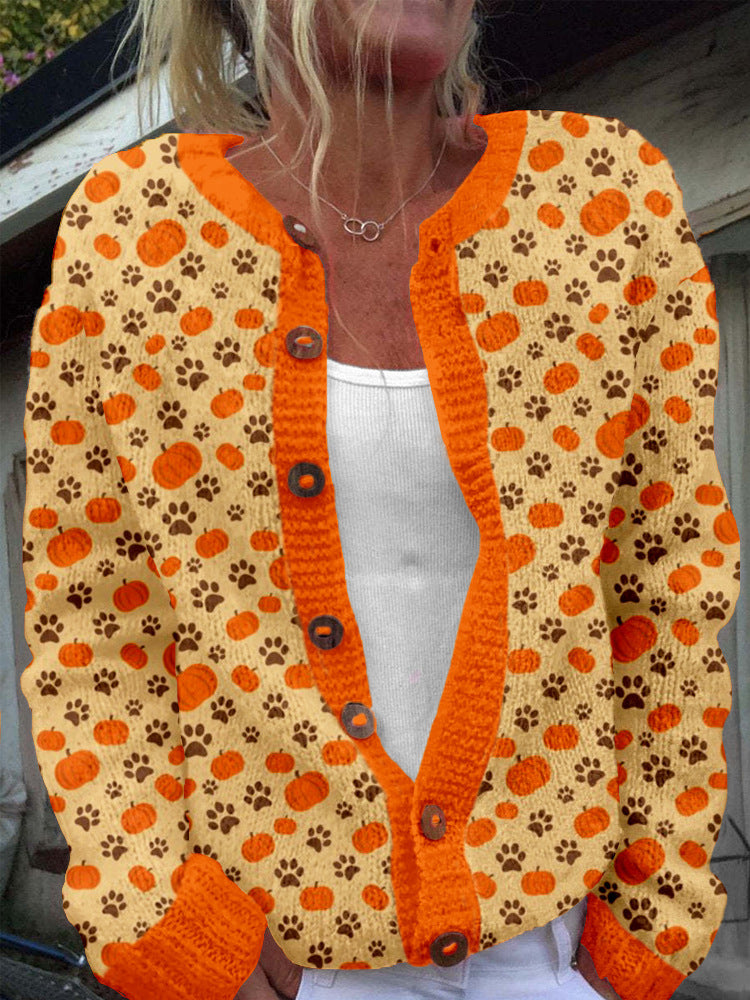 Casual 3D digitaalprint Gebreide Trui-vest met Lange Mouwen en Knoopsluiting voor Dames & Plus-size