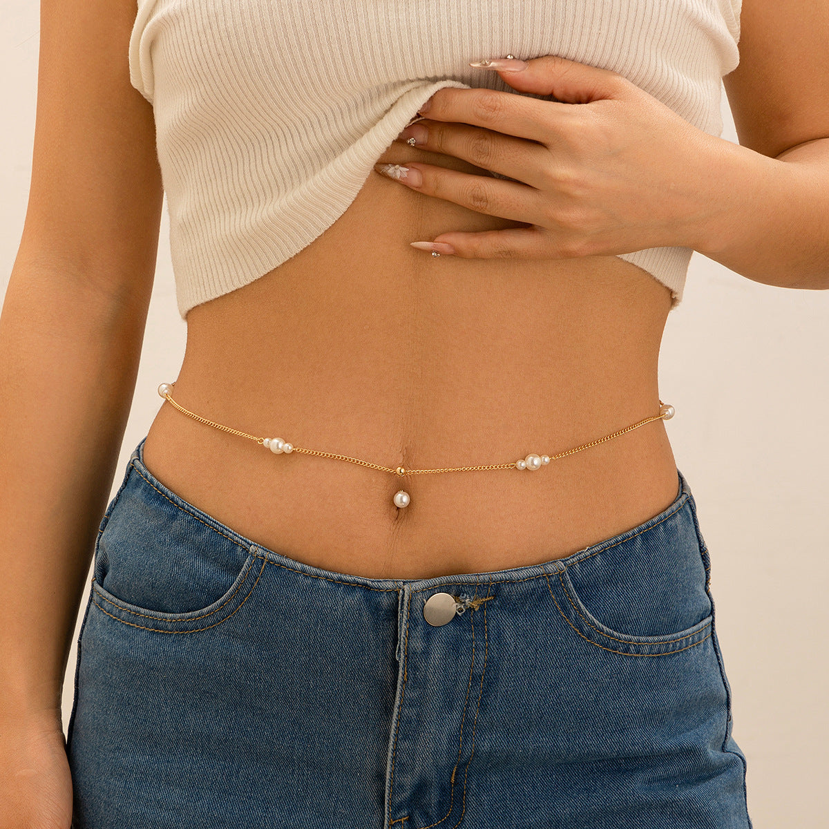 Modieuze Elegante Metalen Zirkoon Tailleketting met Navelpiercing en Imitatie Parel Kwastje voor Dames