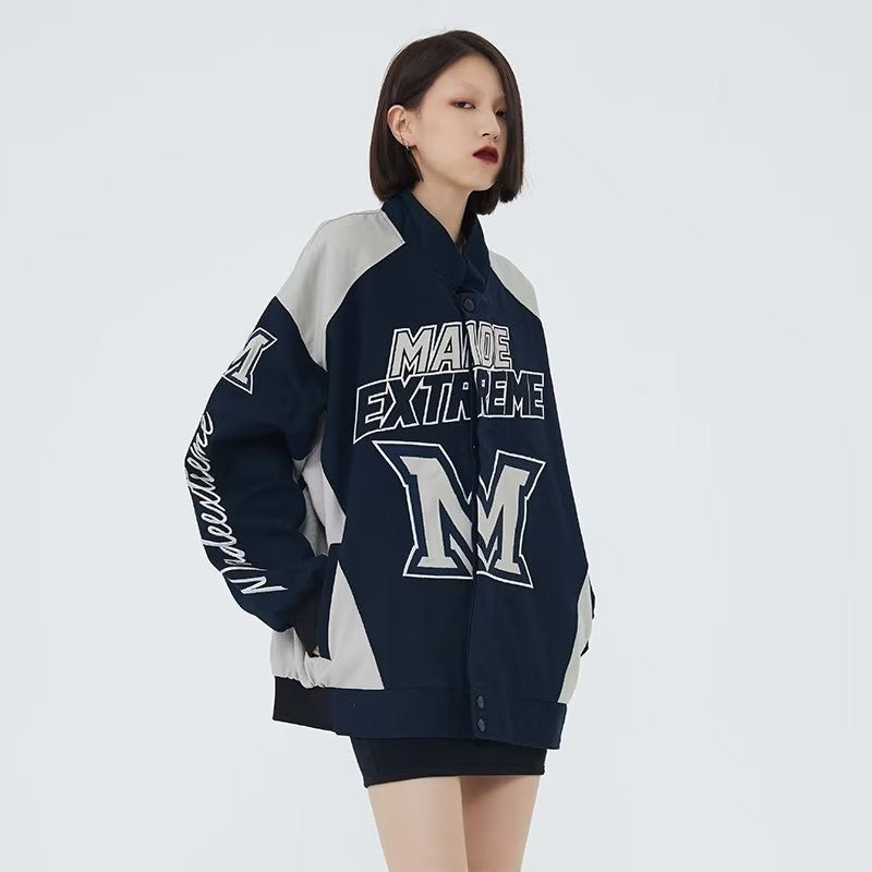 Amerikaanse Retro Hiphop Geborduurde Motorcycle Baseball Jacket voor Dames/ Plus-size & Heren