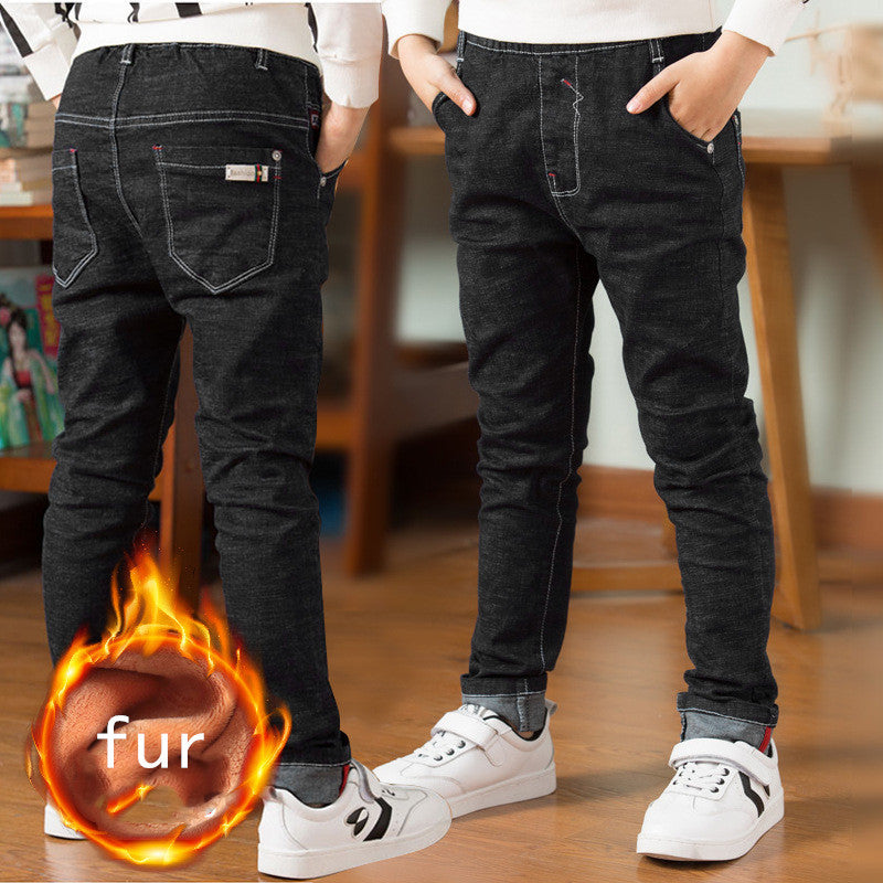 Stijlvolle Casual Effen Kleur Stretch Demin Jeans met/zonder Dikke Fleece voor Kinderen