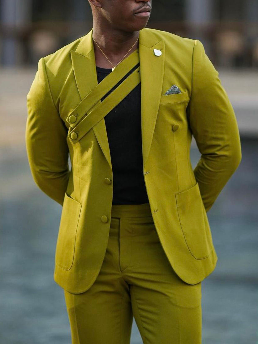 Elegante Dagelijkse Limoengroene Asymmetrische Banddetails en Getailleerde Pasvorm 2-delige Pak* Blazer & Pantalon met Dubbelrij Knoopsluiting * voor Heren