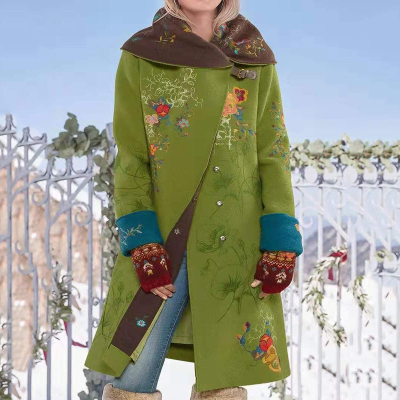 Europese Wollen Winter Trenchcoat met Capuchon en Bloemenprint voor Dames