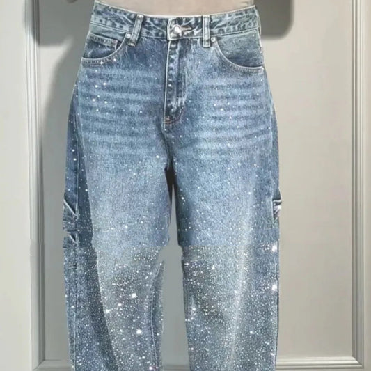 Stijlvolle Designer Modieuze Streetwear Oversized Wide Leg Jeans met Strass-steentjes en Zakken voor Dames/Plus-size & Meiden