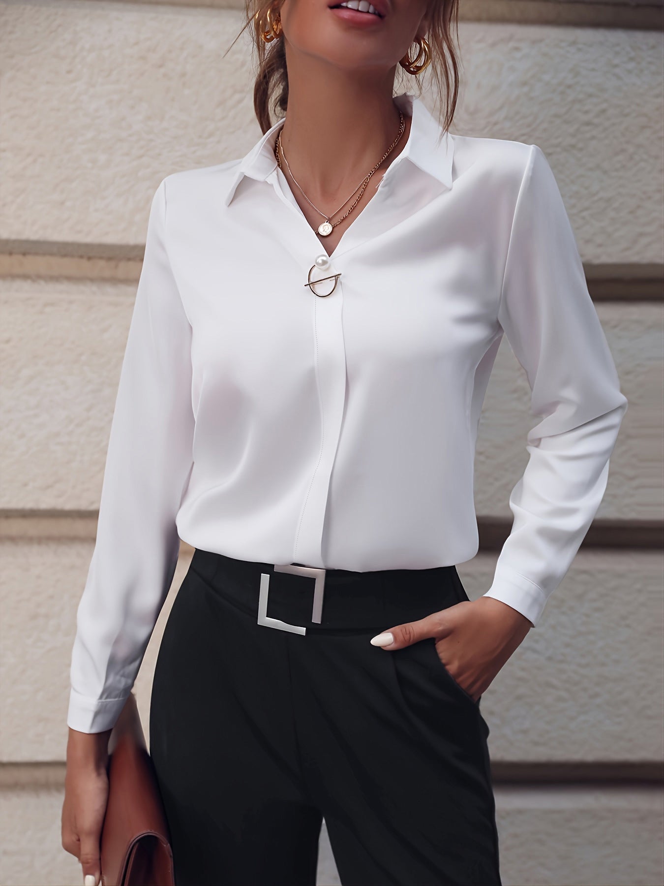 Elegante Forensen in Effen Kleur V-hals Shirt met Lange Mouwen en Knoopsluiting voor Dames/Plus-size & Meiden