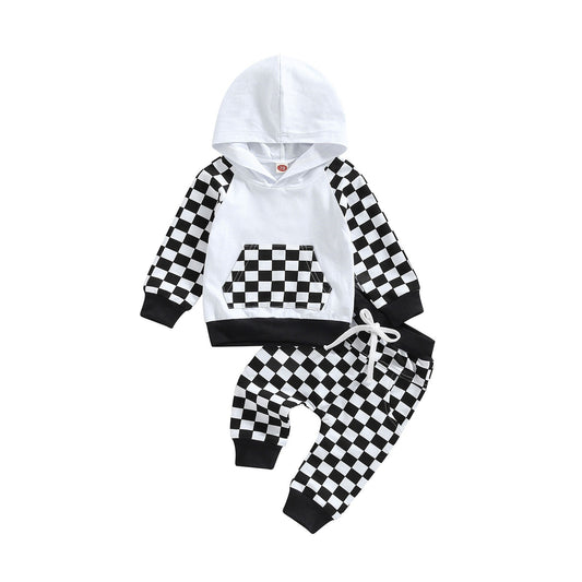 2-delig Set Casual Hoodie met Geruite Patchwork &  Geruite Broek voor Peuters/Kinderen