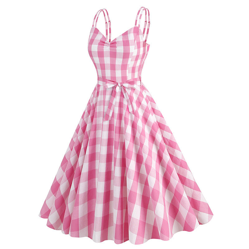 Hepburn Stylle Vintage Pink Barbie Swingjurk met Geometrisch Patroon in Britse Stijl voor Dames & Plus-size
