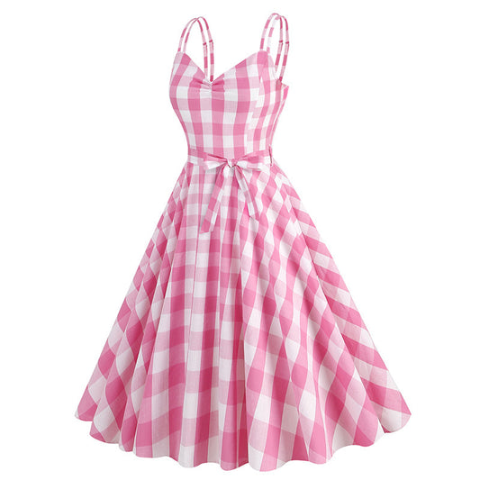 Hepburn Stylle Vintage Pink Barbie Swingjurk met Geometrisch Patroon in Britse Stijl voor Dames & Plus-size