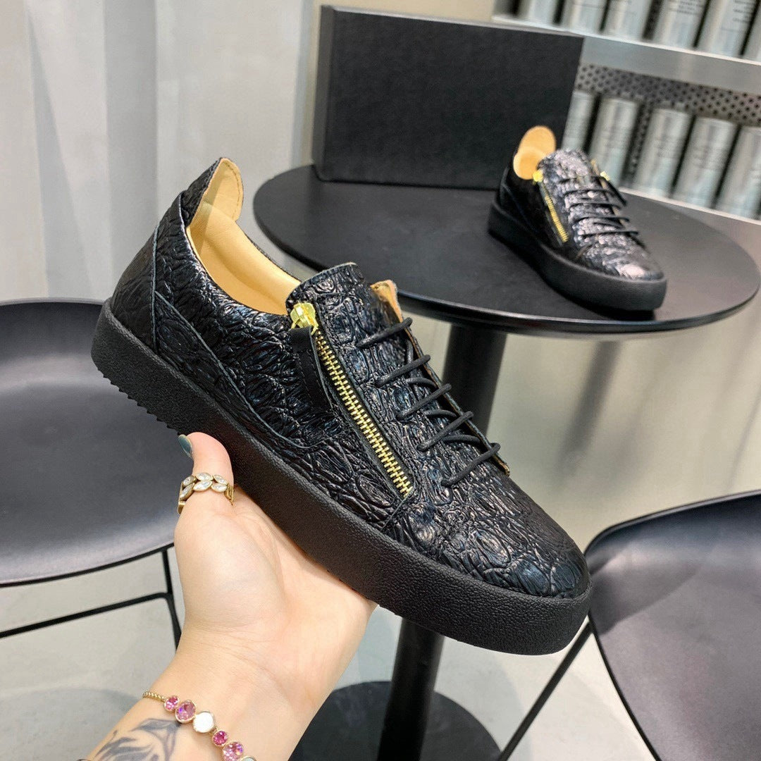 Europese Casual Comfortabele Effen Kleur Low-Top Sneakers van Echt Leer met Krokodillenpatroon en Ritssluiting voor Heren