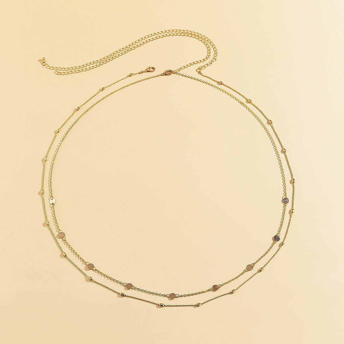 Retro Elegante Dubbellaagse Modieuze Vergulde Tailleketting met Geometrische Metalen Schijf Kwastjes voor Dames