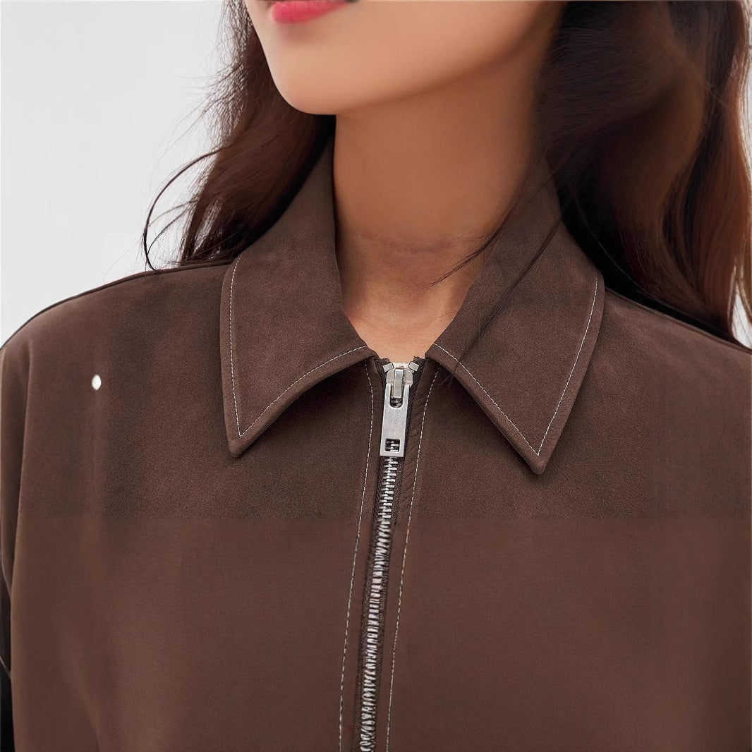 Europese en Amerikaanse Trendy Donkerbruine Suède Jacket met Ritssluitng voor Dames & Meiden