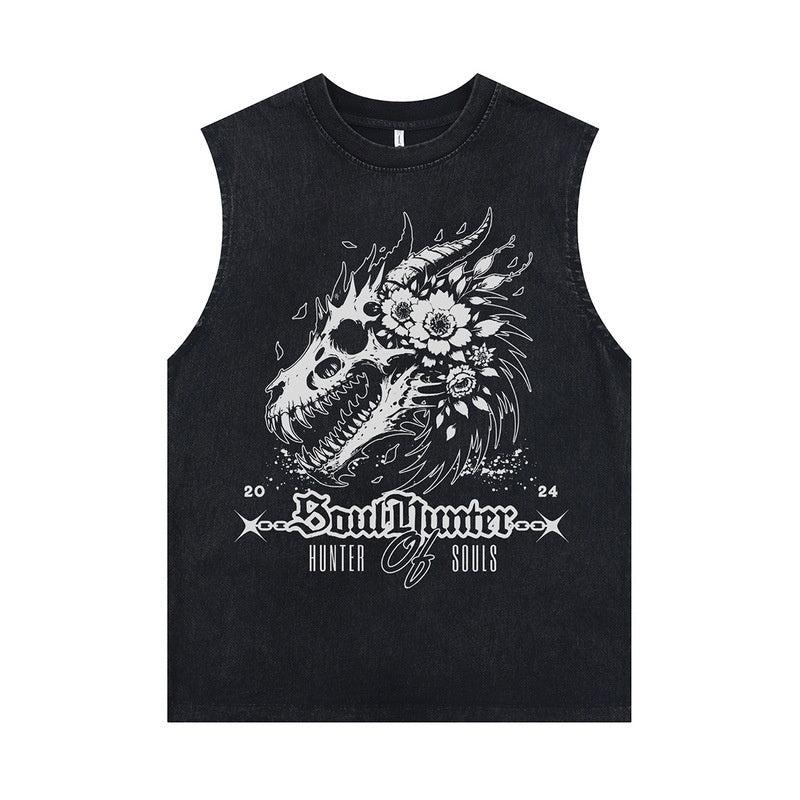 Trendy Retro Effen Kleur Mouwloze Oversized Vintage Letterprint T-shirt met Ronde Hals voor Unisex