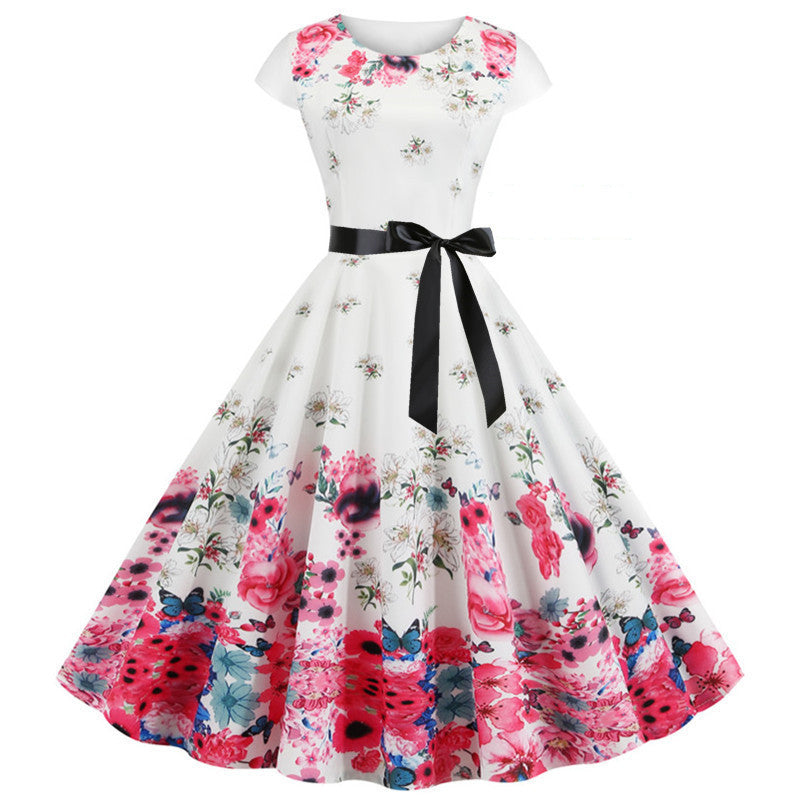 Hepburn Style Retro Bloemenprint Swingjurk met Ronde Hals en Korte Mouwen voor Dames & Plus-size