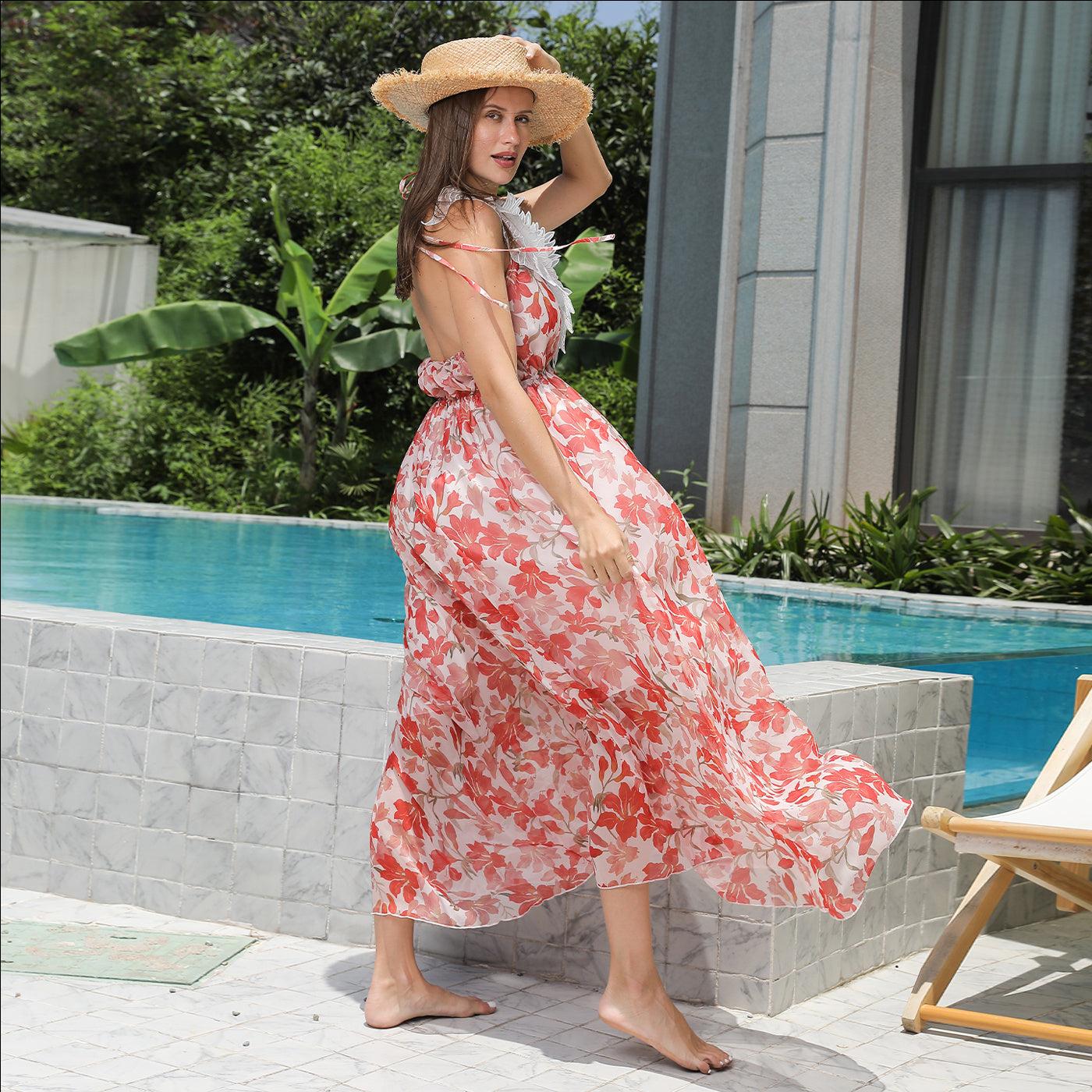 Casual Vintage Mouwloze Bloemenprint V-hals Maxi-jurk met Open Rug en Kraag van Kant voor Dames & Plus-size