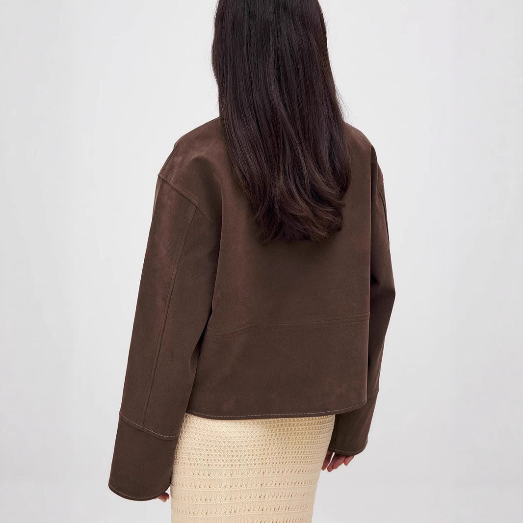 Europese en Amerikaanse Trendy Donkerbruine Suède Jacket met Ritssluitng voor Dames & Meiden